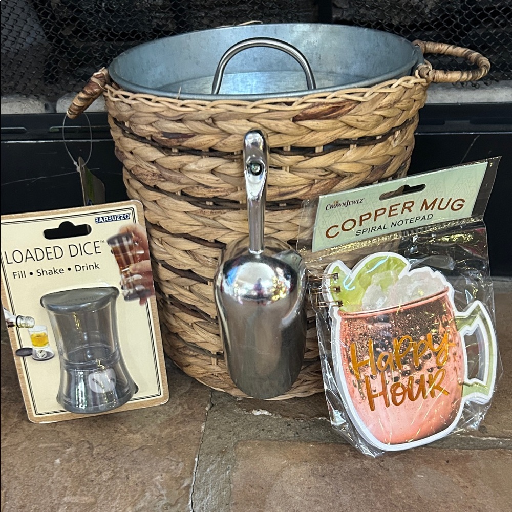 Basket Ice Bucket w/ Metal Scoop, Copper Mug “Happy Hour” Notepad, Drink Game